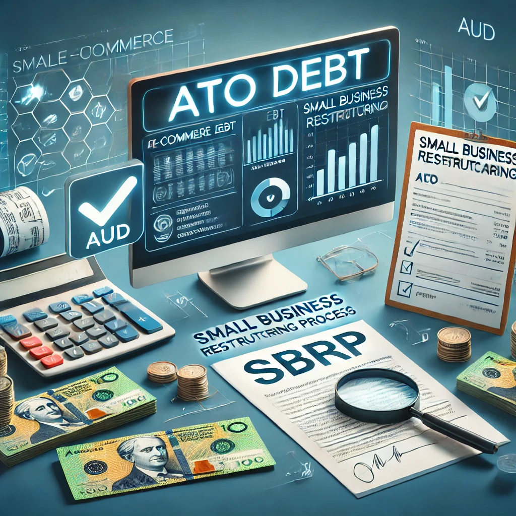 DALL·E 2024 10 22 15.11.04 An image representing Australian e commerce businesses reducing their ATO debt through the Small Business Restructuring Process SBRP. Show a compute