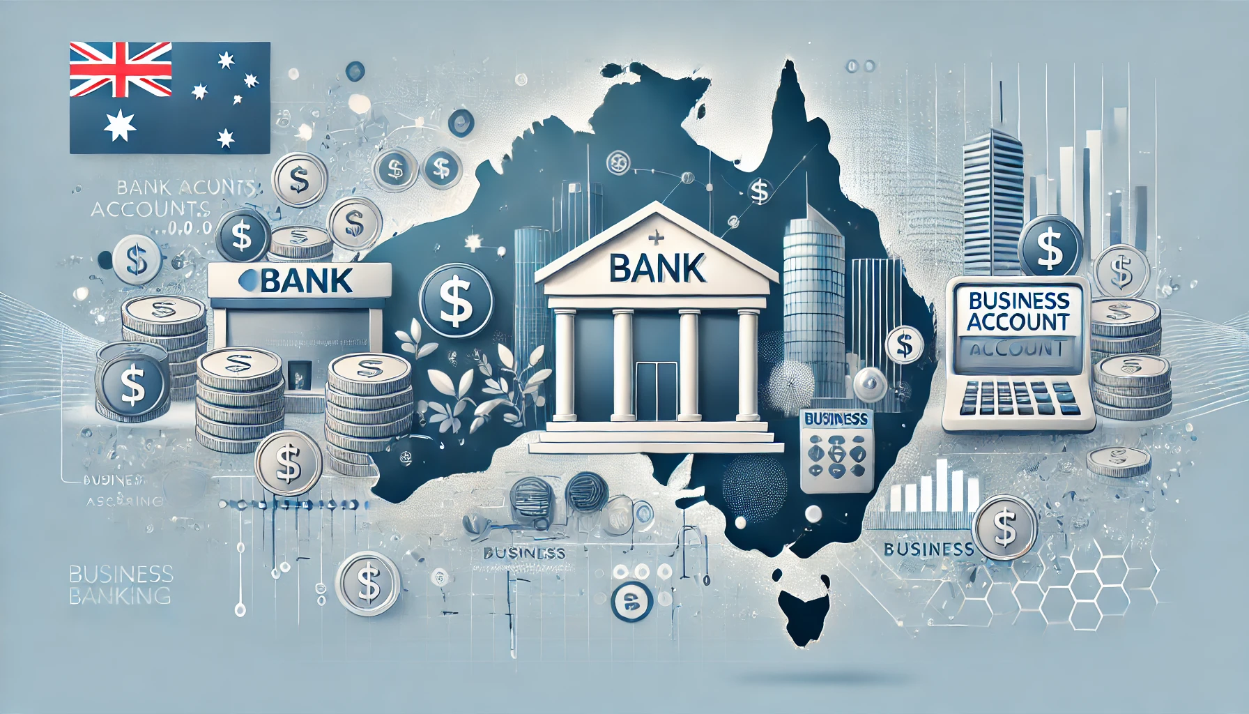 DALL·E 2024 11 05 08.33.01 A professional looking banner image for a blog post on structuring business bank accounts in Australia. The image includes Australian currency symbols